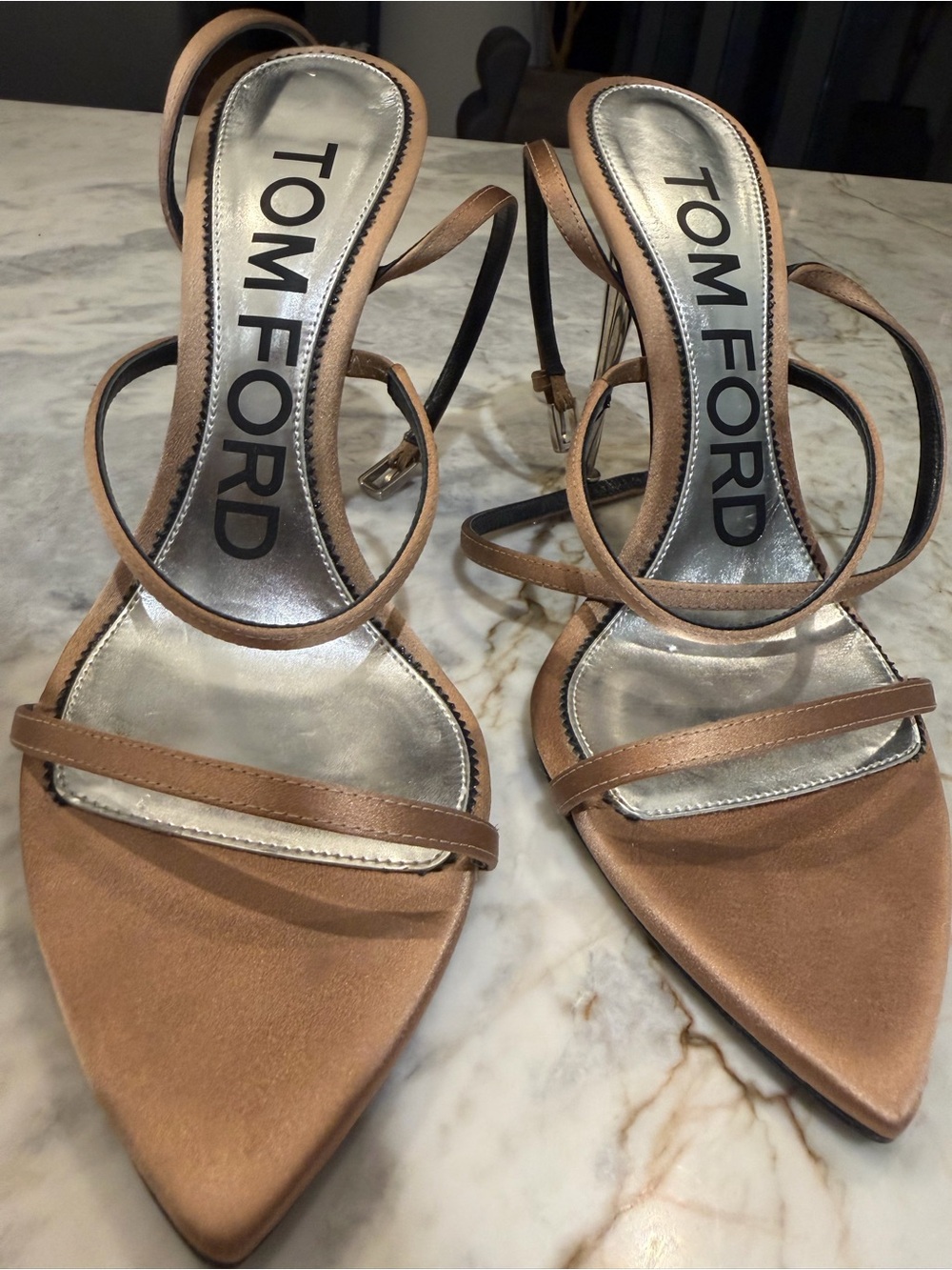 Tom Ford Tan Satin Strappy Pointed-Toe Heels